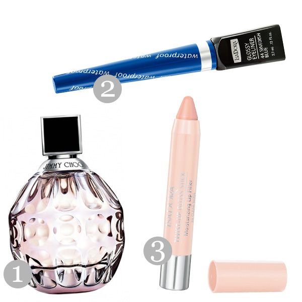 1. woda perfumowana Jimmy Choo, cena 269 zł za 50 ml, 2. eyeliner Isadora, cena 49 zł, 3. pomadka do ust Isadora, cena 55 zł