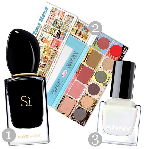 Woda perfumowana Si Intense Giorgio Armani, cena 319 zł za 30 ml, 2. paleta do makijażu The Balm, cena 185 zł, 3. lakier do paznokci Anny, cena 45 zł