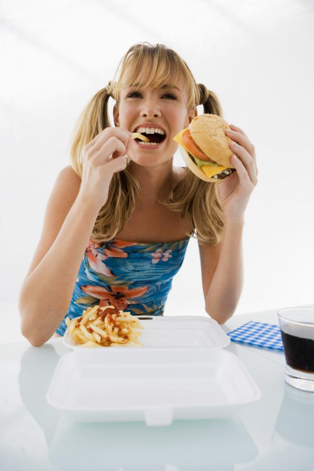 kobieta, hamburger, jedzenie