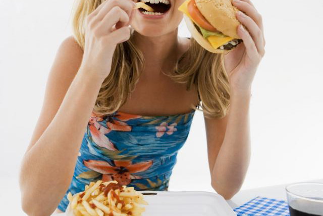 kobieta, hamburger, jedzenie