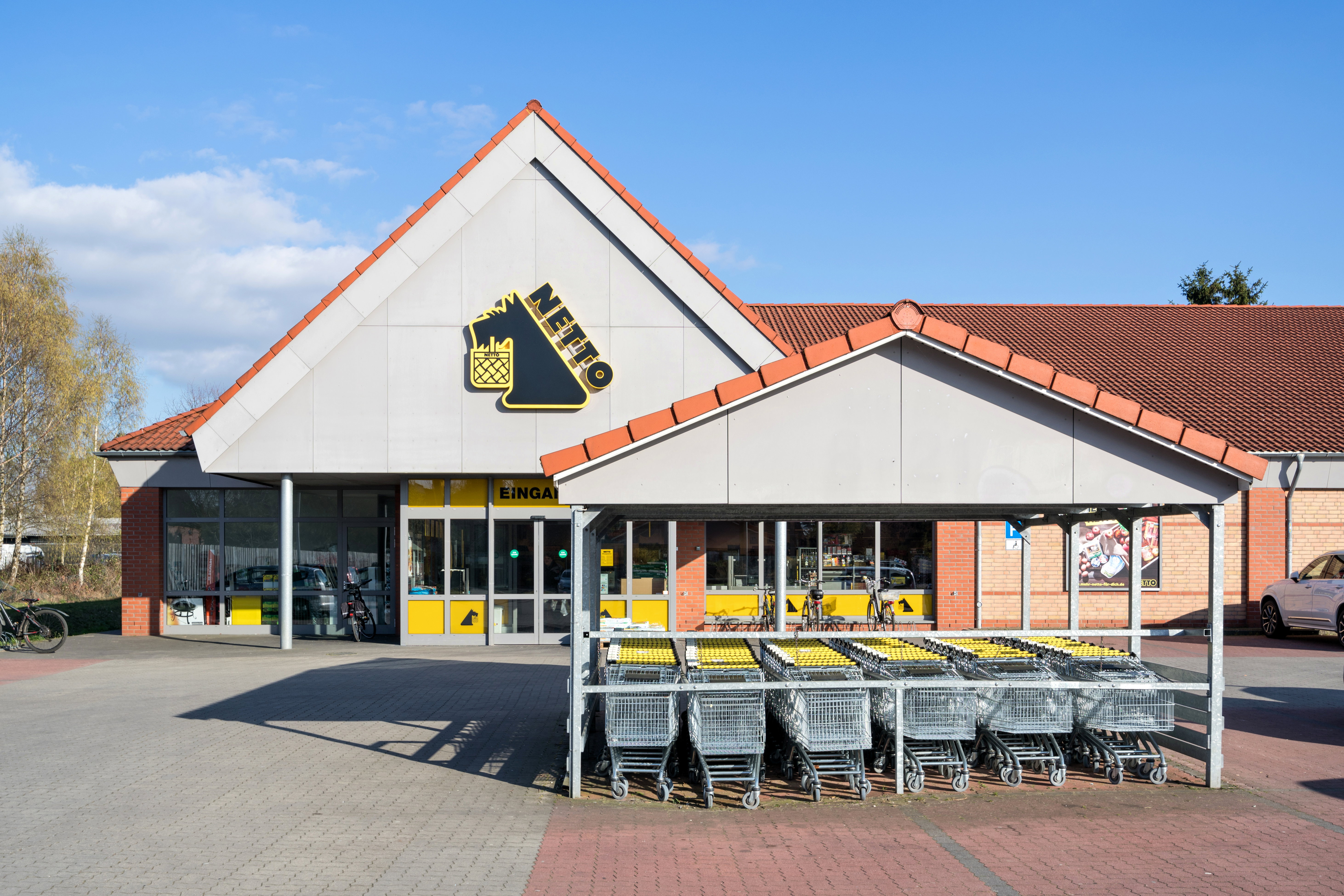QUICKBORN, GERMANY - APRIL 9, 2019: Netto Lebensmitteldiscounter branch. Netto is a Danish discount supermarket operating in Denmark, Germany, Poland and Sweden.