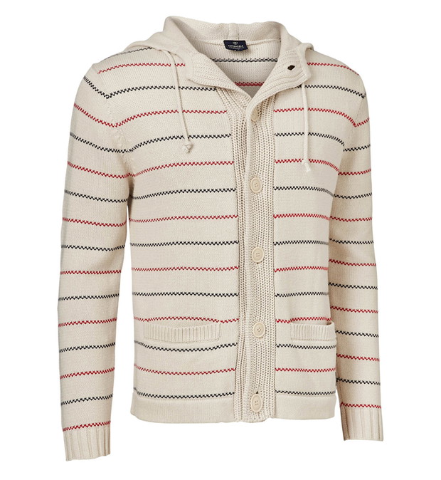 biały sweter Cottonfield w paski z kapturem - moda wiosna/lato
