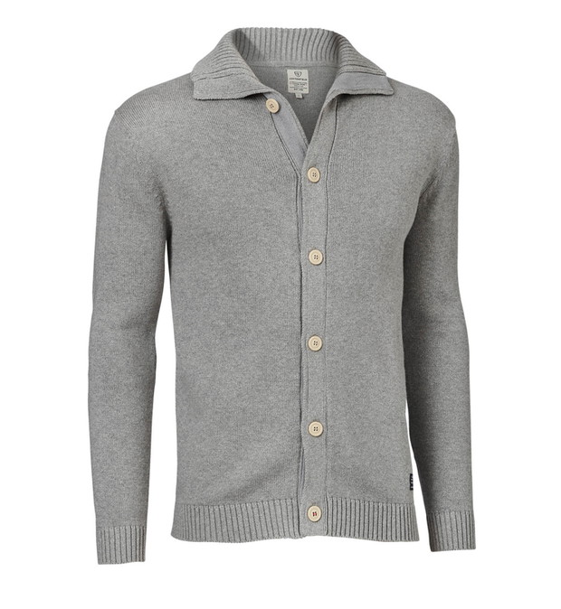 szary sweter Cottonfield z guzikami z kołnierzem - moda wiosna/lato