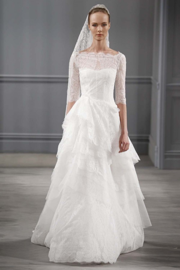 biała suknia ślubna Monique Lhuillier z koronkowami rękawami