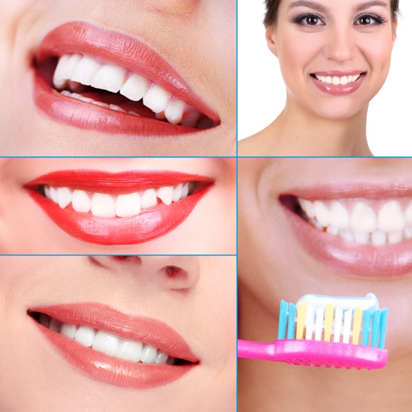 Collage of photographs on the theme of healthy teeth