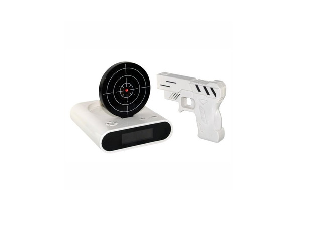 Budzik z laserową tarczą i pistoletem na Dzień Dziecka, GodsToys, 119 zł
