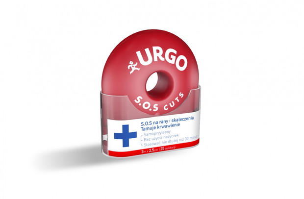 URGO S.O.S CUTS - łączy działanie plastra i bandaża, pierwszy na rynku wielozadaniowy opatrunek tamujący krwawienie, który, dostosowując się do rany, nie wymaga użycia innych produktów - nawet nożyczek