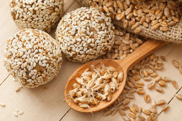 macrobiotic healthy food: balls from ground wheat sprouts with sesame seeds