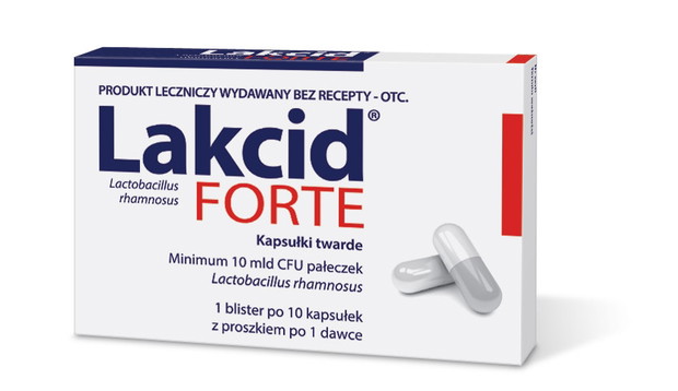Lakcid FORTE - lek probiotyczny polecany do stosowania w trakcie i po antybiotykoterapii, cena: 23,50 zł/10 kaps. doustnych