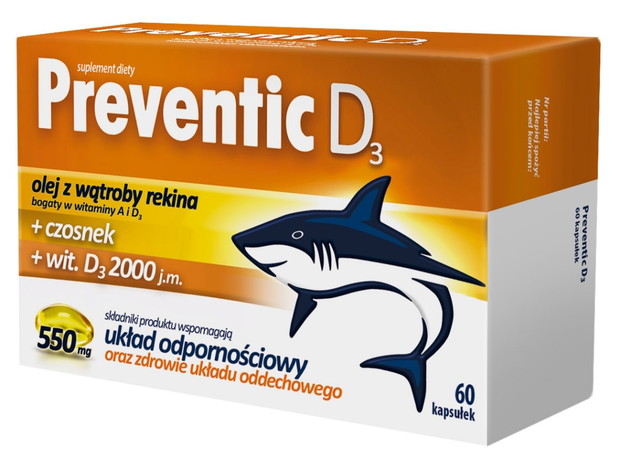 Preventic D3 wzmacniający odporność (zawiera m.in. wysoką dawkę oleju z wątroby rekina 500 mg), cena: ok. 20 zł/60 kapsułek