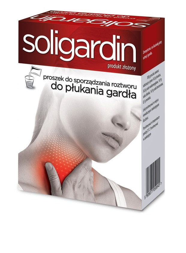 Soligardin - lek do płukania gardła o działaniu odkażającym, ściągającym, przeciwzapalnym i miejscowo przeciwbólowym, 12 saszetek x 2,5 g, cena ok. 14 zł