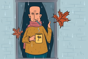 Chory mężczyzna jesienią stoi w oknie, pada deszcz - rysunek