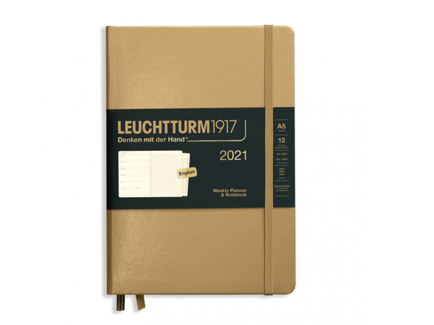 Kalendarz tygodniowy z notatnikiem 2021 - Leuchtturm1917 - złoty, twarda okładka, A5, cena 100 zł