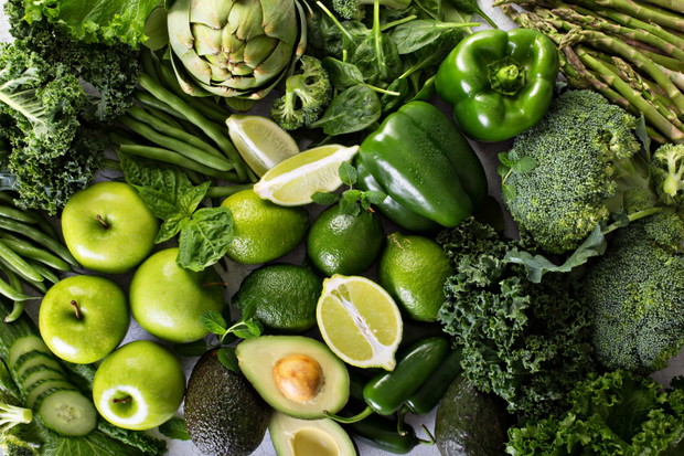 Variety of green vegetables and fruits