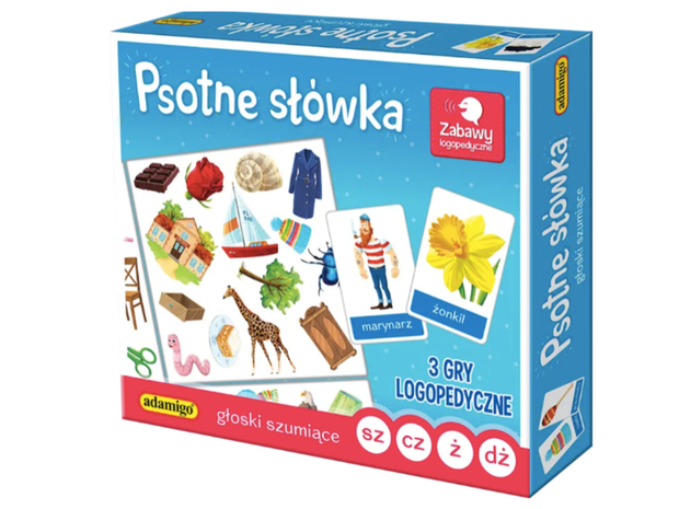 3 gry logopedyczne Psotne słówka, głoski szumiące, Adamigo, cena 39,99 zł