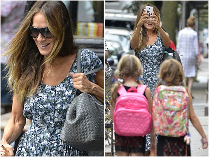 Sarah Jessica Parker w casualowej sukience odprowadza córki do szkoły