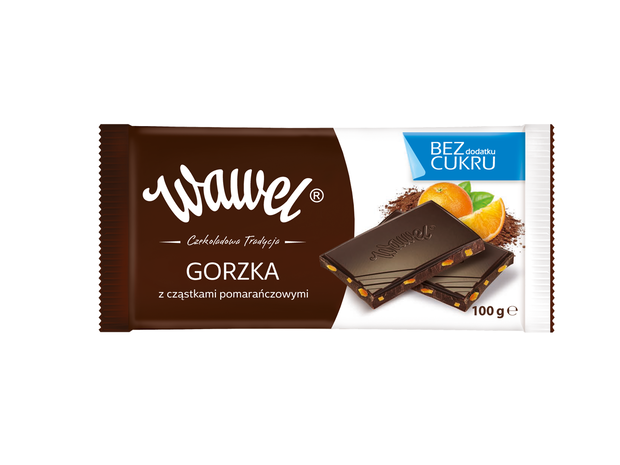 Czekolada gorzka z cząstkami pomarańczy Wawel, linia bez dodatku cukru