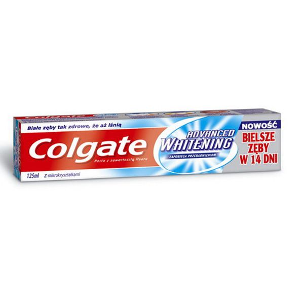 Wybielanie zębów w domu pastą wybielającą Colgate Advanced Whitening, cena ok. 11 zł (opakowanie 125 ml)