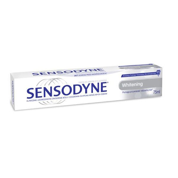 Wybielanie zębów w domu pastą wybielającą Sensodyne Whitening, cena ok. 17 zł (opakowanie 75 ml)