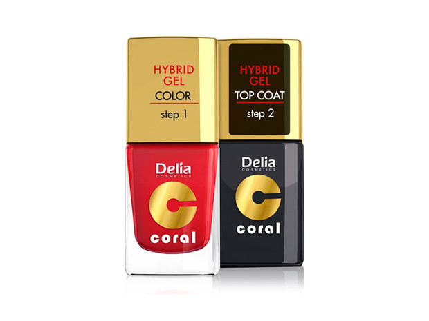 Zestaw do wykonania manicure hybrydowego, lakier i top coat Hybrid Gel, Delia, cena ok. 15 zł