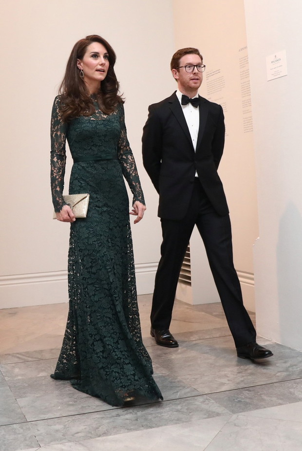 Britain's Catherine, Duchess of Cambridge (L) is escorted by Nicholas Cullinan, gallery director at the 2017 Portrait Gala at the National Portrait Gallery in London