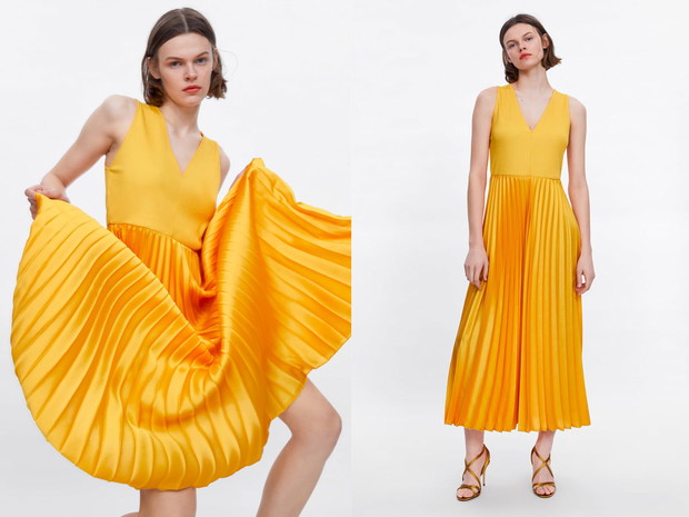 Żółta sukienka plisowana, Zara, cena ok. 139,00 zł
