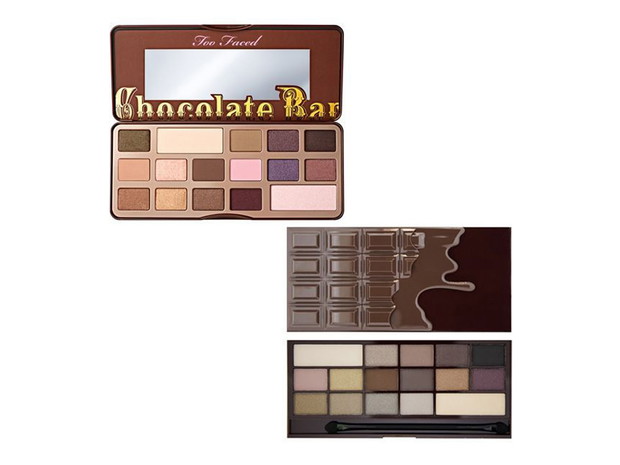 Paleta do makijażu oczu Chocolate bar Too Faced, cena, ok. 179 zł vs. Paleta 16 cieni Wonder Palette Death By Chocolate Makeup Revolution, cena, ok. 40 zł