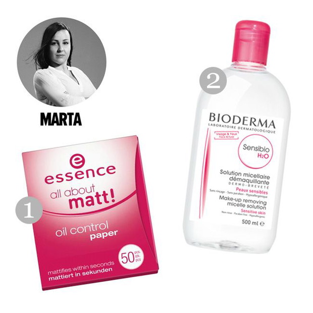 1. bibułki matujące Essence, cena 9 zł, 2. płyn micelarny Bioderma Sensibio h2o, cena 38 zł