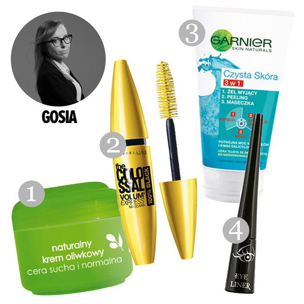 1. krem do twarzy Ziaja, cena 6 zł, 2. tusz do rzęs colossal volum express Maybelline, cena 23 zł, 3. peeling 3 w 1 Garnier, cena 15,99 zł, 4. eyeliner Wibo, cena 7 zł