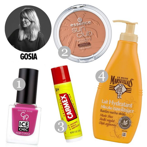 1. lakier do paznokci Golden Rose, cena 6,90 zł, 2. bronzer Essence, cena 15,99 zł, 3. pomadka ochronna Carmex, cena 9 zł, 4. mleczko nawilżające do ciała Le Petit Marseillais, cena 15,99 zł