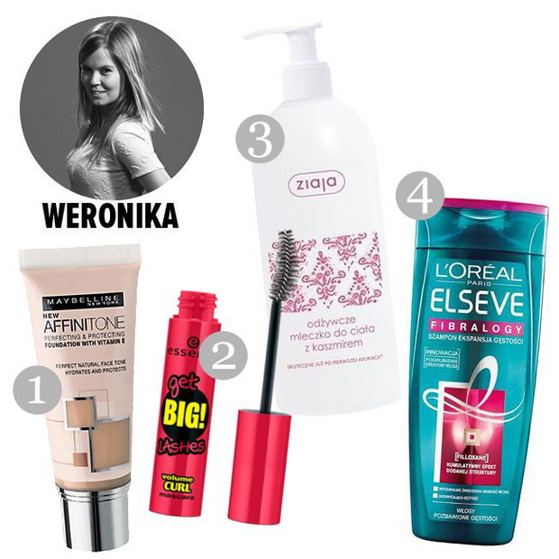 1. podkład Affinitone Maybelline, cena 17 zł, 2. tusz do rzęs Essence, cena 10 zł, 3. balsam do ciała Ziaja, cena 11 zł, 4. szampon do włosów Elseve, cena 12 zł