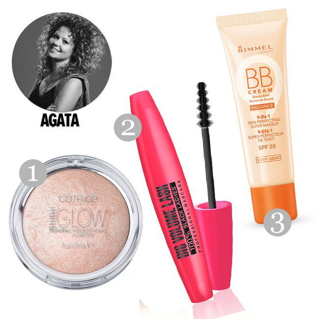 1. rozświetlacz Catrice, cena 15,90 zł, 2. tusz do rzęs Eveline, cena 15 zł, 3. krem bb rozświetlający Rimmel, cena 19 zł