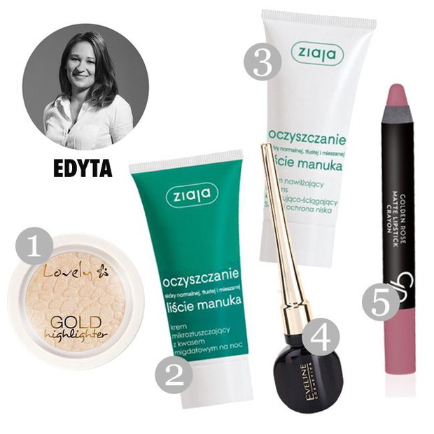1. rozświetlacz Lovely, cena 9 zł, 2. krem złuszczający na noc liscie manuka Ziaja z kwasem migdałowym, cena 8 zł, 3. Krem nawilżający liście manuka Ziaja, cena 8 zł, 4. eyeliner Celebrity Eveline, cena 12 zł, 5. matowa szminka Golden Rose, cena 10 zł