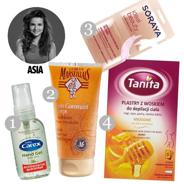 1. żel antybakteryjny Carex, cena 9,99 zł, 2. peeling do ciała Le Petit Marseillais, cena 19,99 zł, 3. 4. maseczka Soraya, cena 3,99 zł, 4. plastry do depilacji Tanita, cena 10,99 zł,