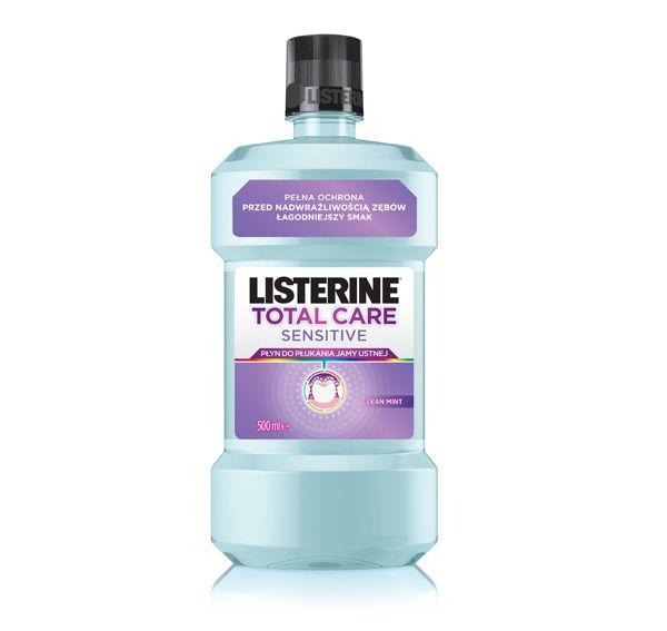 Płyn do płukania jamy ustnej na nadwrażliwość zębów Listerine Total Care Sensitive, cena ok. 20 zł (opakowanie 500 ml)