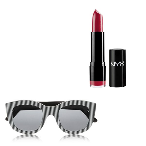Jak dobrać kolor szminki do oprawek okularów - okulary Le Specs, cena ok. 200 zł, szminka NYX, cena 29,90 zł