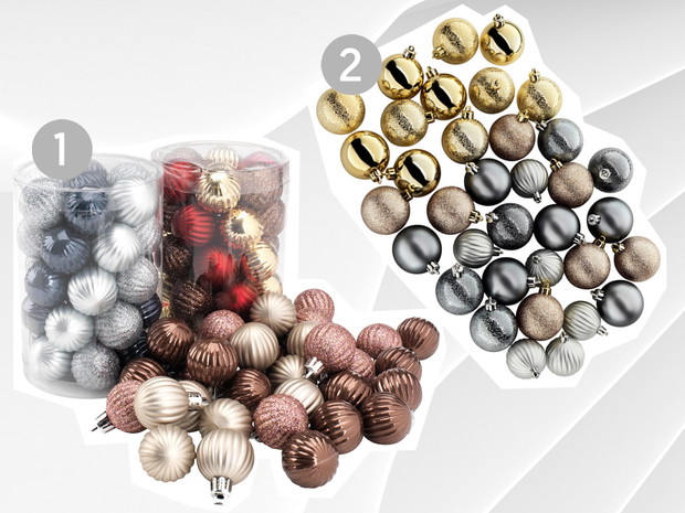 1. Bombki Jysk, cena 15 zł za 35 sztuk, 2. bombki Ikea, cena 49,90 zł za 35 sztuk