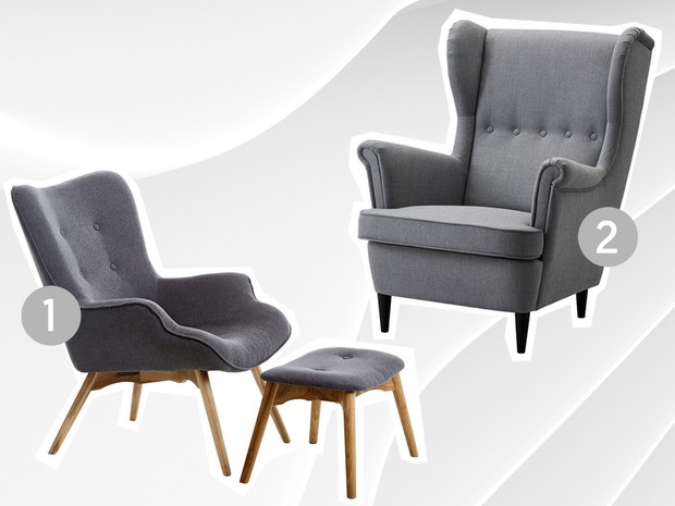 1. Fotel EJERSLEV z podnóżkiem Jysk, cena 900 zł, 2. fotel STRANDMON Ikea, cena 799 zł