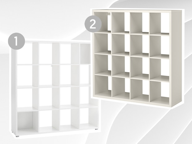 1. Regał HALDAGER Jysk, cena 300 zł, 2. regał KALLAX Ikea, cena 299 zł