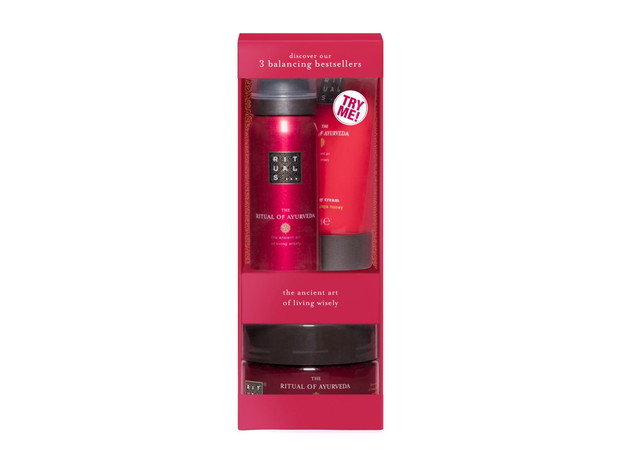 Zestaw The Ritual of Ayurveda: pianka pod prysznic 200 ml, peeling do ciała 125 gr, krem do ciała, cena 89 zł