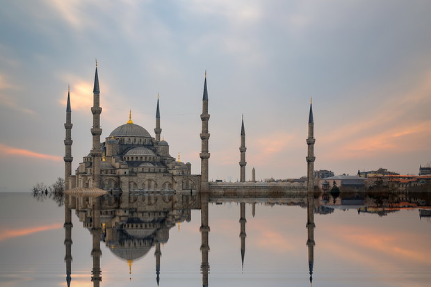 Istanbul, Turkey. Sultan Ahmet Camii named Blue Mosque turkish islamic landmark with six minarets, main attraction of the city.