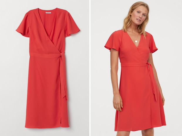 Czerwona sukienka z dekoltem w serek H&M, cena, ok. 139,90 zł