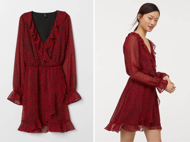 Czerwona sukienka zdobiona zwierzęcym motywem H&M, cena, ok. 99,90 zł