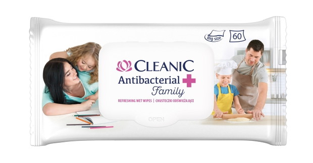 Chusteczki odświeżające CLEANIC, Antibacterial Family, CENA: 6,99 zł/60 szt.