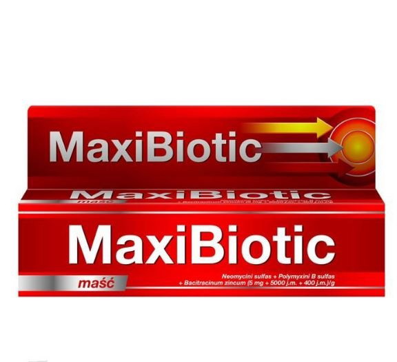 MaxiBiotic – lek w postaci maści do stosowania miejscowego na skórę przy drobnych ranach (otarcia, zadrapania, ukąszenia), oparzeniach i owrzodzeniach skóry, cena: 11,80 zł/5 g