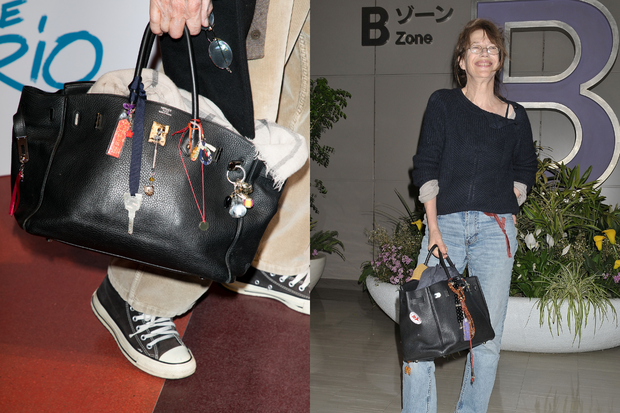Jane Birkin i jej torebka Hermes ozdobiona charmsami