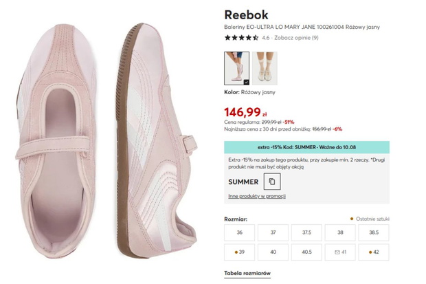 Sportowe baletki Reebok z eobuwie
