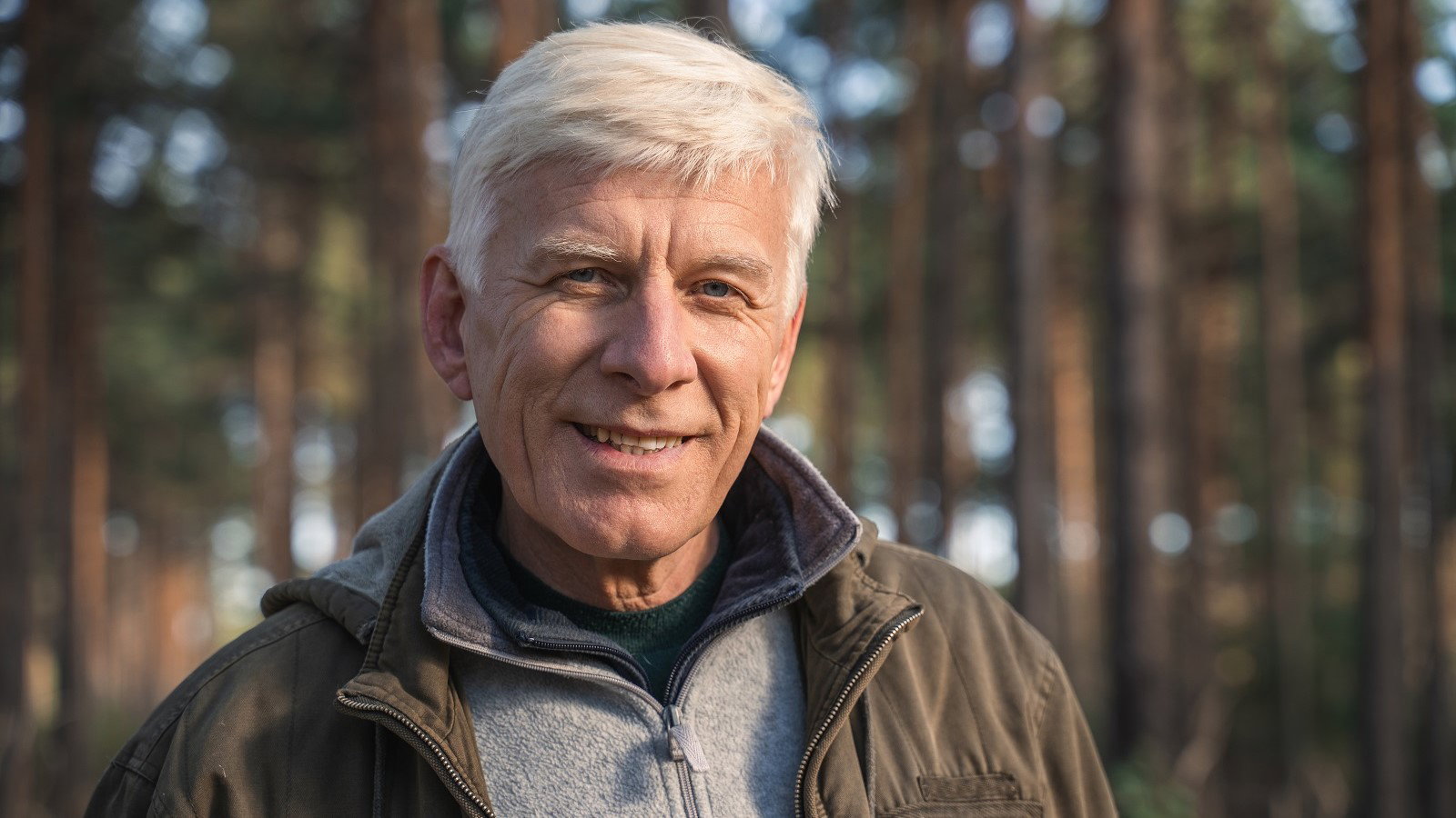 uśmiechnięty senior w lesie
