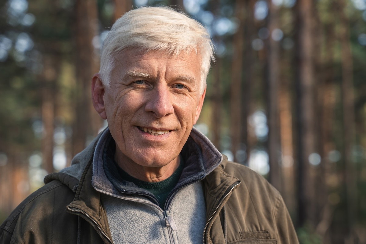 uśmiechnięty senior w lesie
