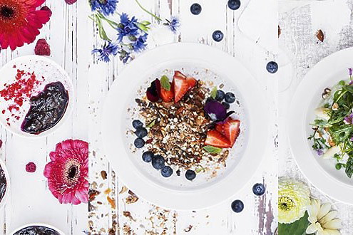 Risotto sezonowe, granola owocowa, mus kokosowy